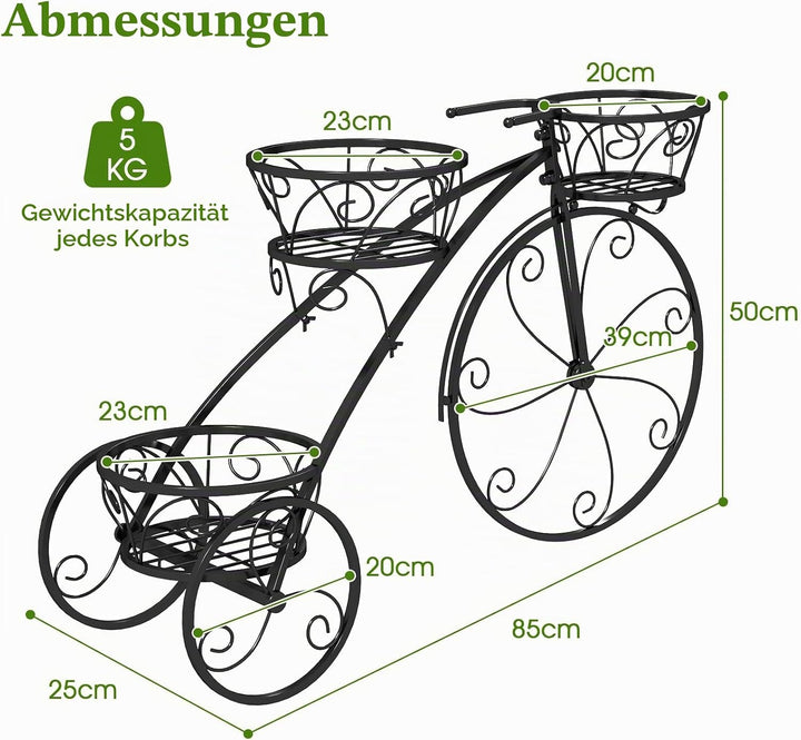 HOMASIS Blumenständer im Fahrradform, Blumentreppe Metall Pflanzenständer mit 3 Ebenen, Pflanzentrep