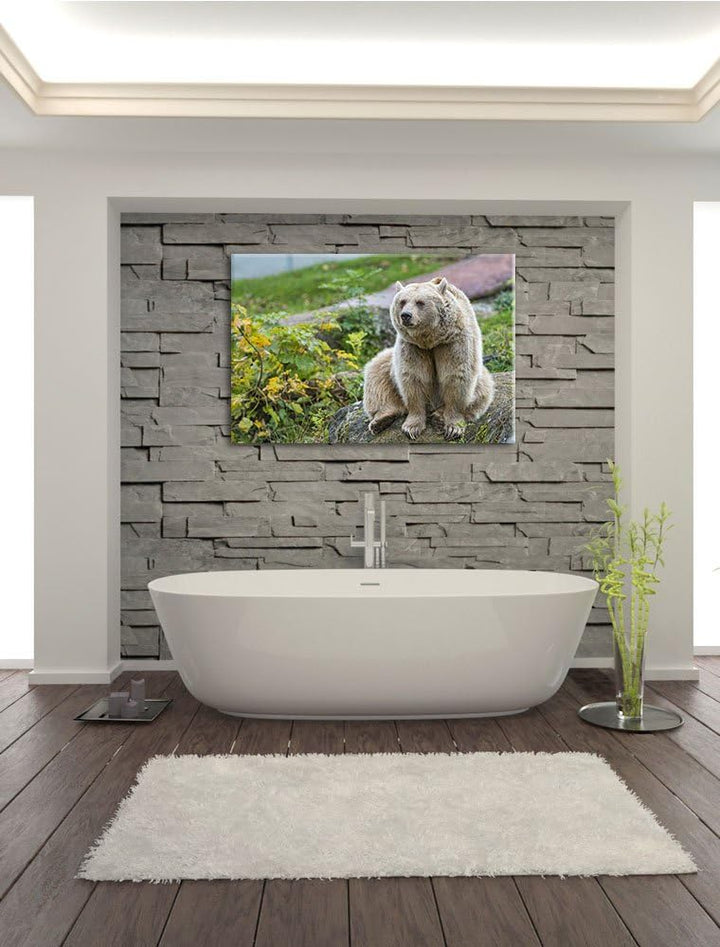 Pixxprint niedlicher Grizzly auf Stein auf Leinwand, XXL riesige Bilder fertig gerahmt mit Keilrahme