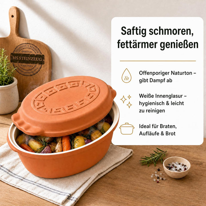 TerraStone Römertopf oval mit Deckel, Tonbräter 33x23cm, Terrakotta Bräter 33 cm, Bräter 33 cm