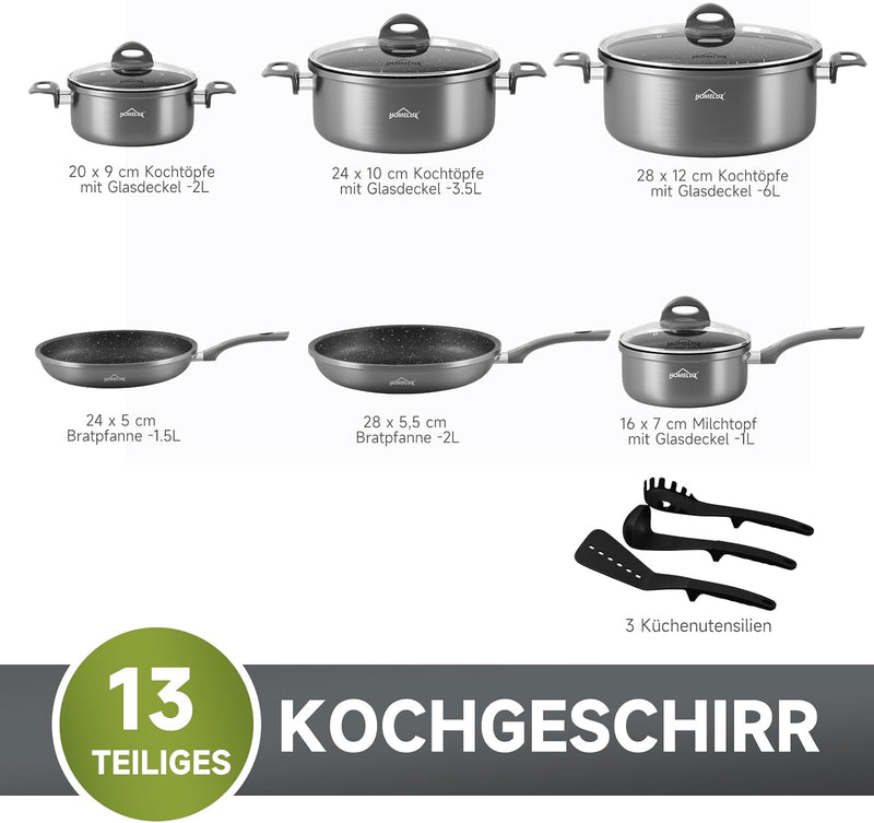 Topfset, HOMELUX Topfset Induktion 13 teilig, Induktions Töpfe Set, Töpfe mit Glasdeckel, Kochtopf-S