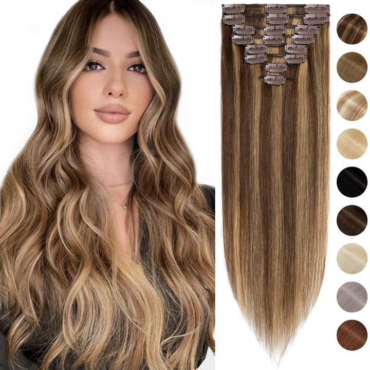 Silk-co Echthaar Clip In Extensions 8 Tressen 18 Clips 55g, Schokoladenbraun und Dunkelblond Hair Ex