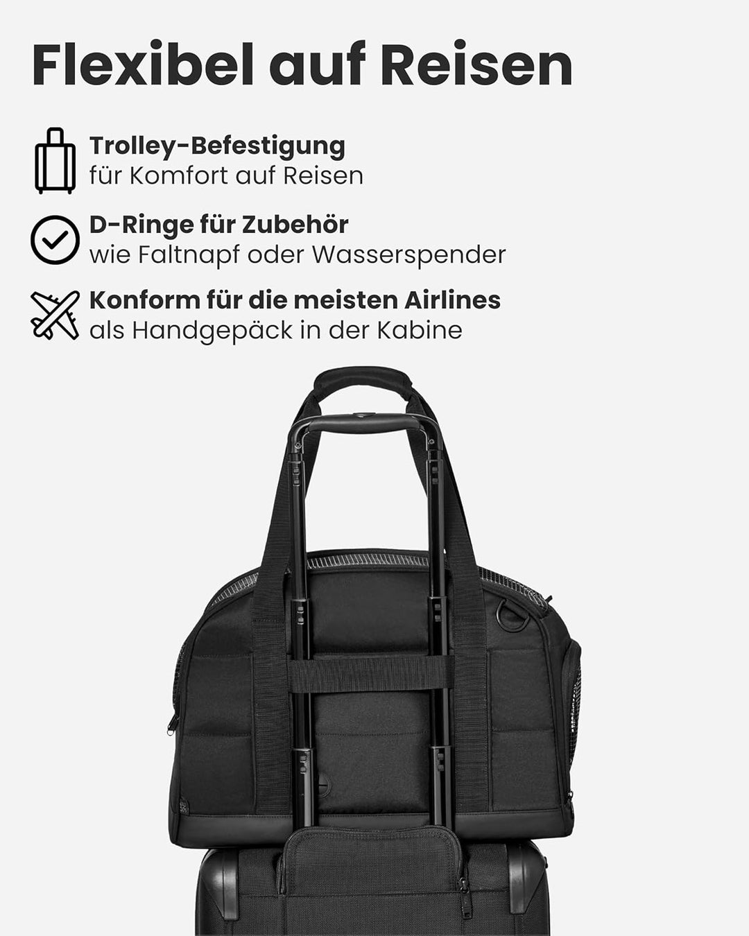 Larkson Hundetransportbox für Kleine Hunde bis 12kg Schwarz - Tjark - Hundetasche fürs Flugzeug - Tr