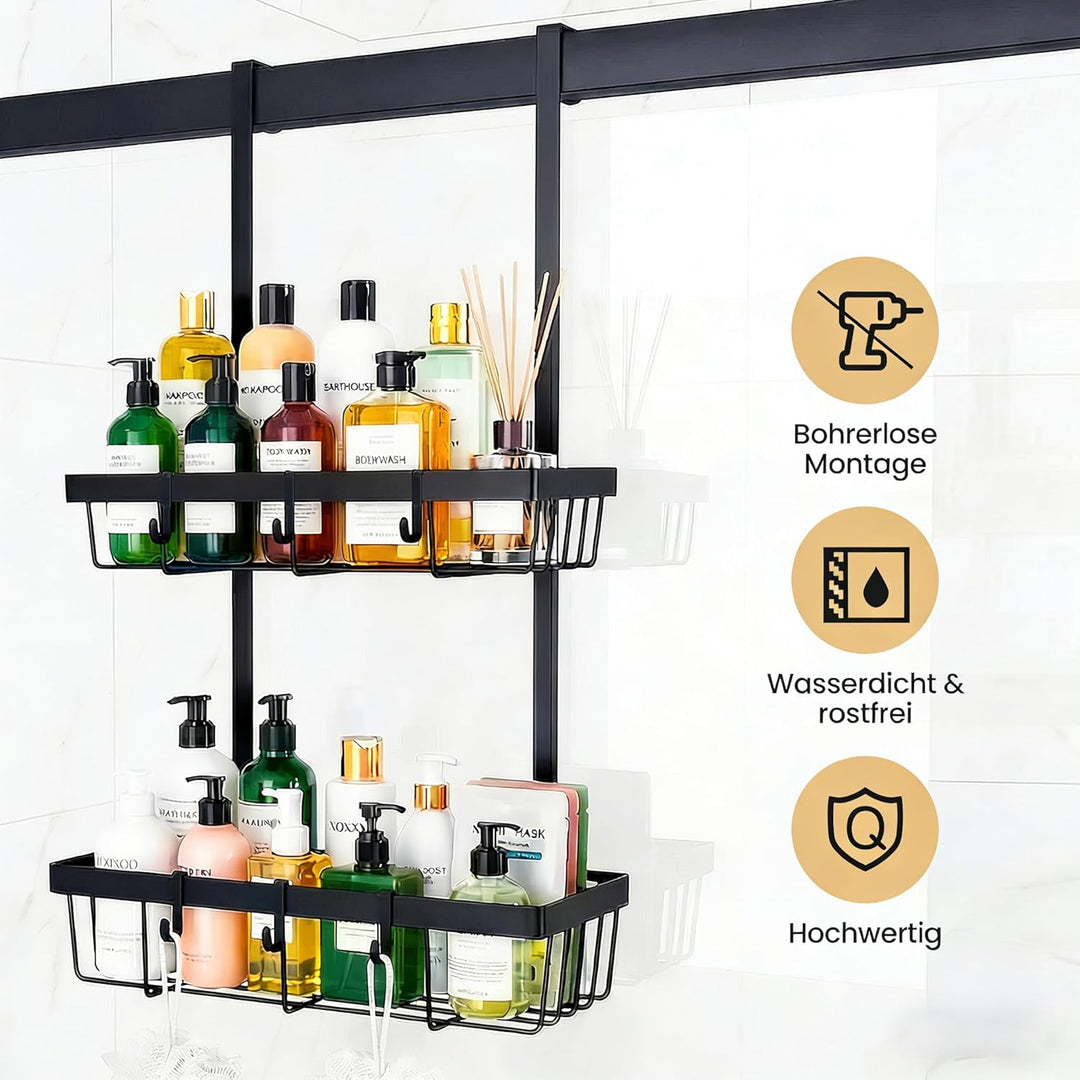 Duschablage zum Hängen Schwarz, Duschregal Ohne Bohren für Badezimmer Organizer Hängeregal mit 2 Dus
