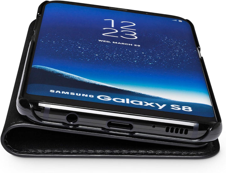 WIIUKA Echt Ledertasche -TRAVEL- für Samsung Galaxy S8 mit Kartenfach, extra Dünn, Tasche Schwarz, L