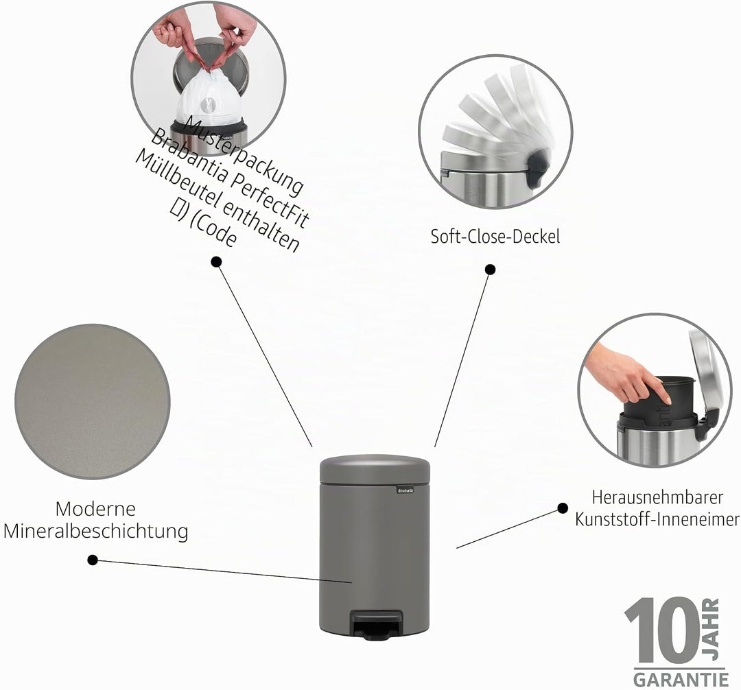 Brabantia Treteimer newIcon, 3L 3 Liter Mineral Concrete Grey, 3 Liter Mineral Concrete Grey