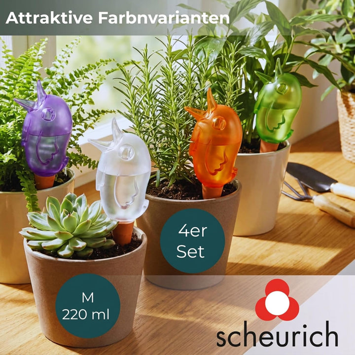 Scheurich Wasserspender Bördy M | 4er Set Lila/Grün/Transparent/Orange | 220 ml Füllmenge | Bewässer