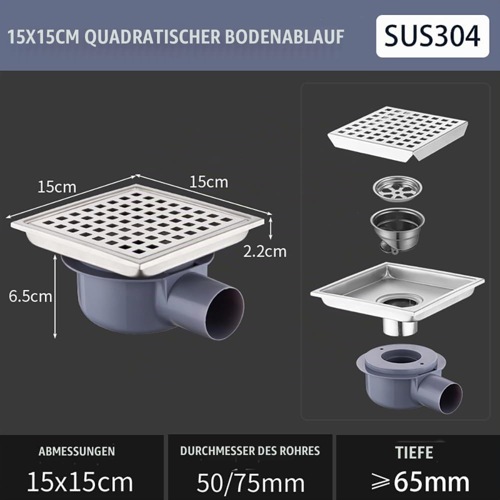 NEWFUN Bodenablauf DN 50, Duschablauf Flach,15 * 15cm Bodenablauf Edelstahl, Geruchshemmender, Unsic
