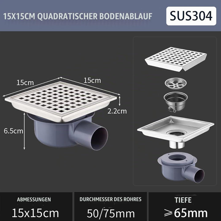 NEWFUN Bodenablauf DN 50, Duschablauf Flach,15 * 15cm Bodenablauf Edelstahl, Geruchshemmender, Unsic