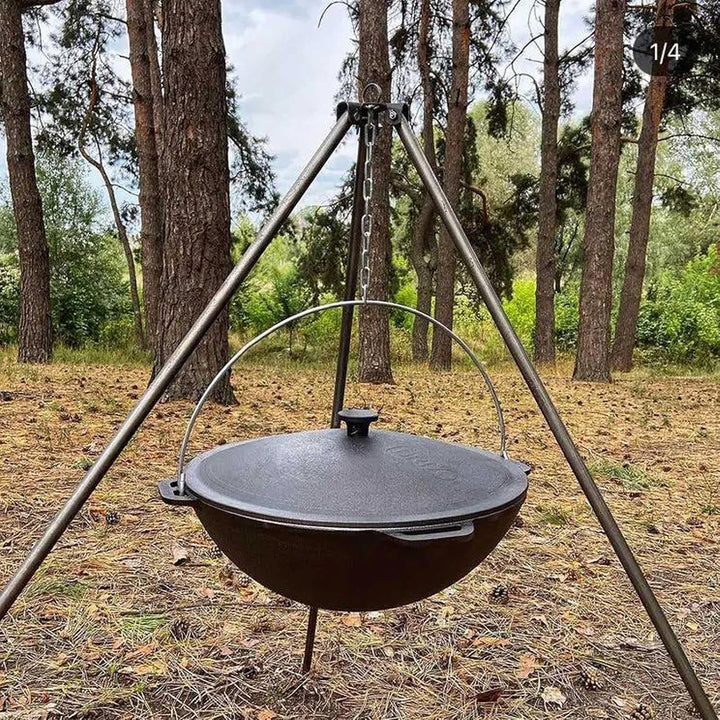 4BIG.fun Schwenktopf Kazan 8 L Camping Gusseisen mit Bügel und Deckel + Schaumkelle Bräter Tatarskij