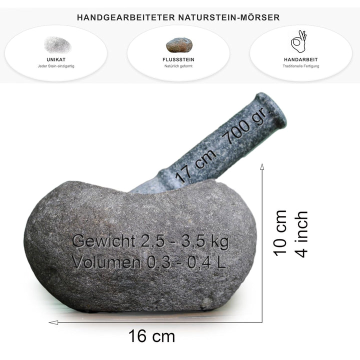 Handgefertigter Naturstein Mörser mit Stössel - Schwerer Vulkanischer Flussstein Gewürzmörser (2,5-3