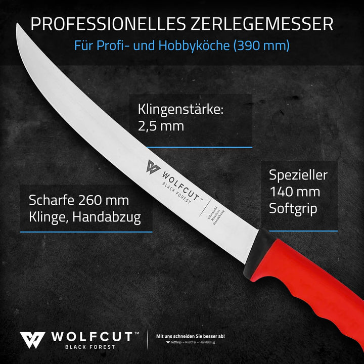 Wolfcut SoftGrip RED-Serie - Metzgermesser-Set 3-tlg. - Zerlegemesser 26 cm, 2x Ausbeinmesser 13 cm