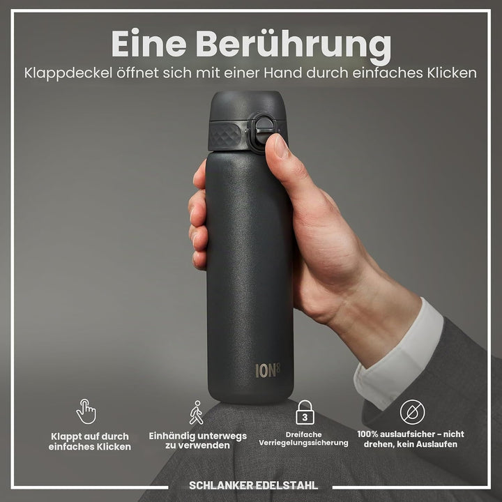 Ion8 Stahl-Trinkflasche, 600 ml, Auslaufsicher, Einhandöffnung, Sichere Verriegelung, Spülmaschinenf