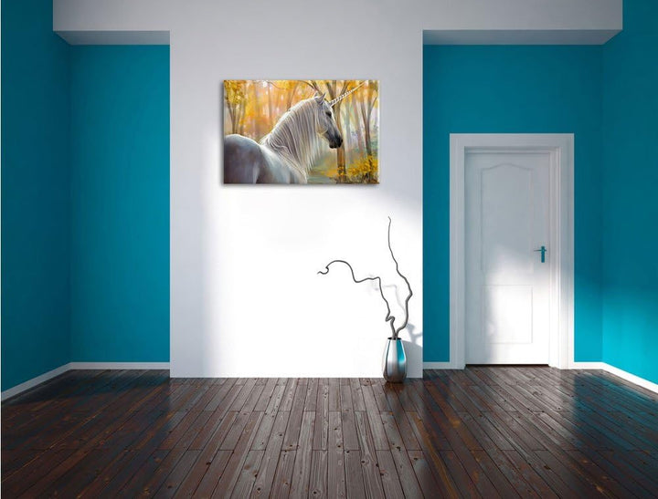 Einsames Einhorn im Wald, Format: 100x70 auf Leinwand, XXL riesige Bilder fertig gerahmt mit Keilrah