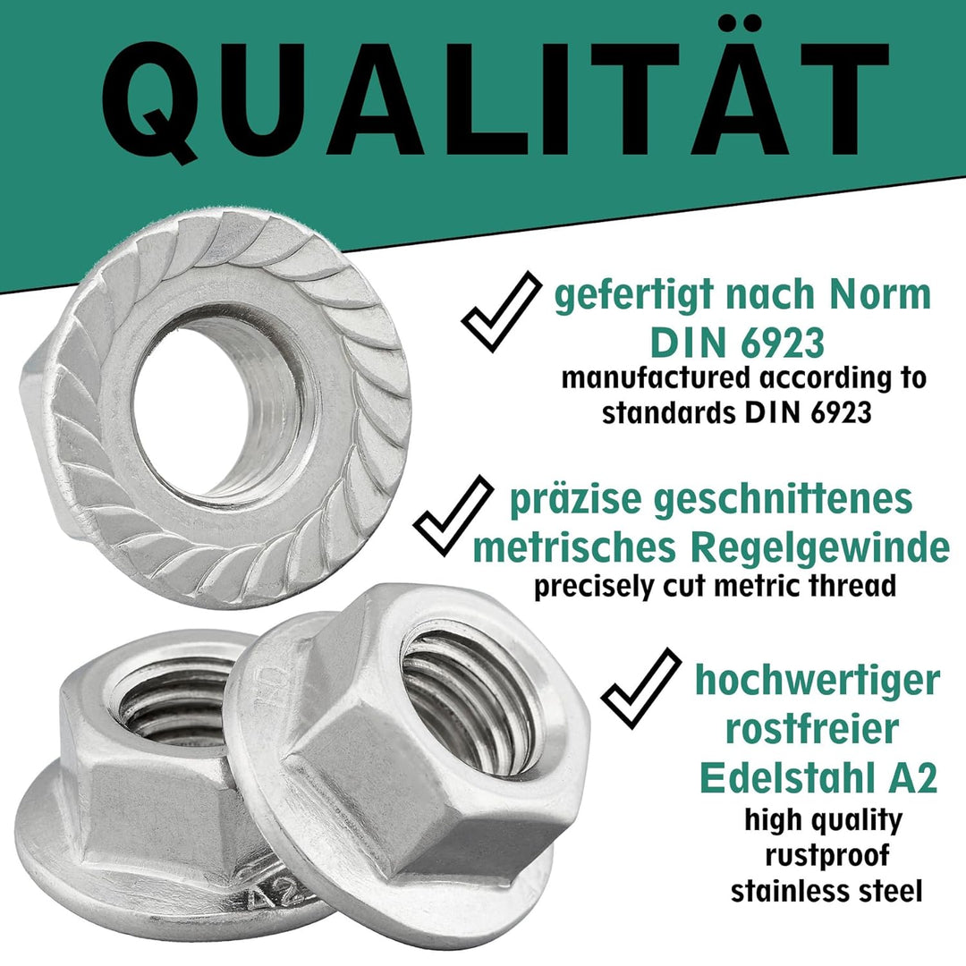 Flanschmutter mit Sperrverzahnung nach DIN 6923 / Edelstahl A2, V2A / Sechskantmutter mit Flansch un
