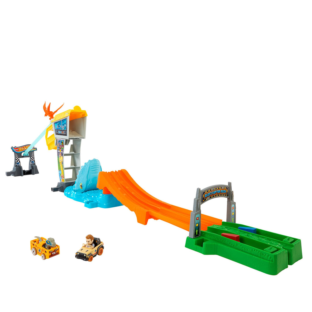 Hot Wheels Trackset und Spielzeugautos, RacerVerse Jurassic World Blues Raptorenangriff Trackset mit