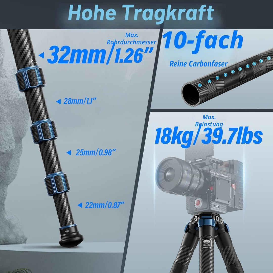 SIRUI AM-324 Cabon Faser Kamerastativ Reisestativ Kohlefaser 144,8 cm, professionelles Robustes Drei