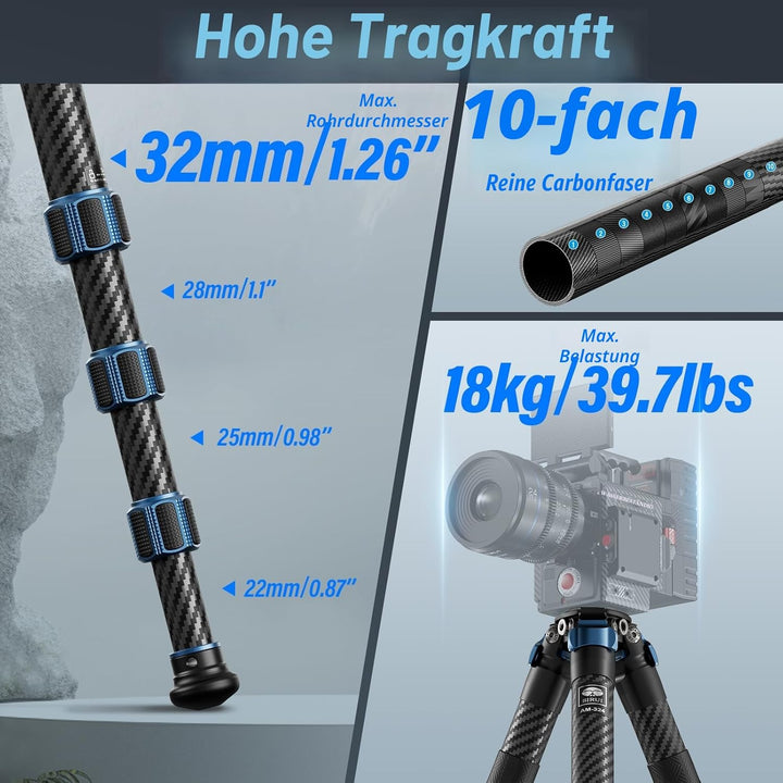 SIRUI AM-324 Cabon Faser Kamerastativ Reisestativ Kohlefaser 144,8 cm, professionelles Robustes Drei