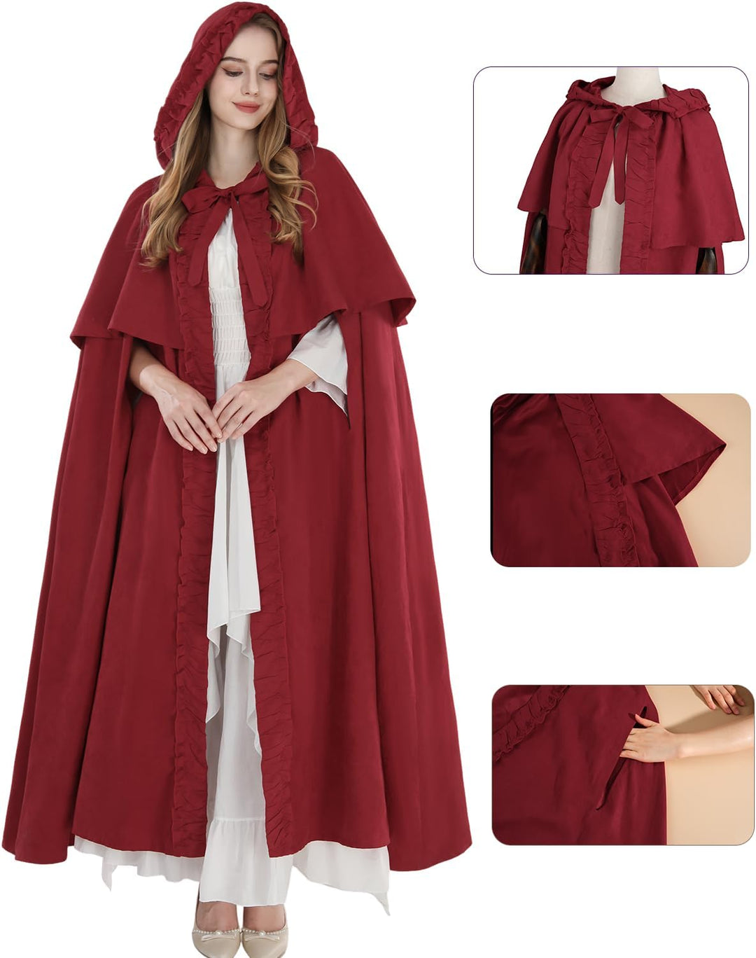 Fiamll Mittelalter Umhang Damen Kapuze Mantel mit Manschette Einfarbige Trenchcoat Renaissance Vampi