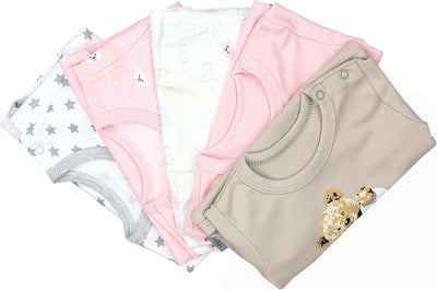 TupTam Mädchen Baby Body Kurzarm in Unifarben - 5er Pack 74 Bärchen Rosa Weiss Sterne Grau Nice Tedd