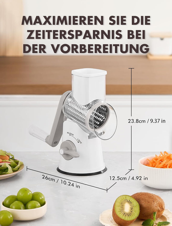 GDL Käsereibe mit Kurbel, Aktualisiert Reibe für Gemüse mit 5 Trommelblättern, Trommelreibe Gemüsesc