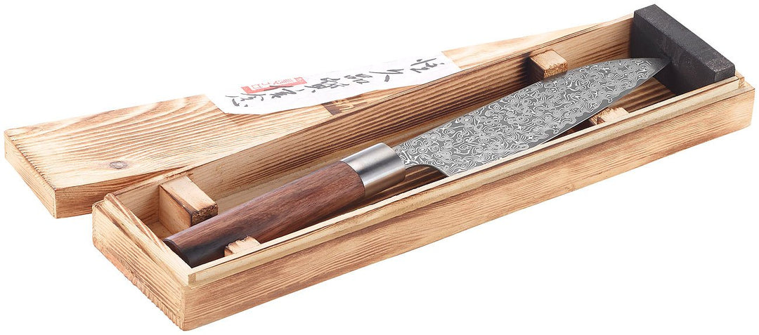 TokioKitchenWare Damastmesser: Handgefertigtes Marken-Damast-Santokumesser mit 16-cm-Klinge (Santoku