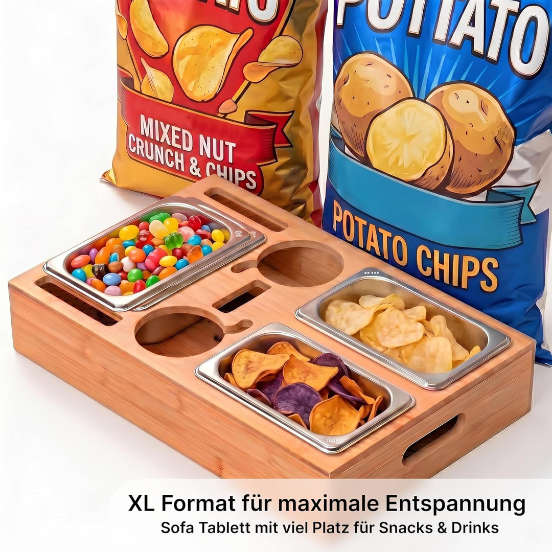 Couchbar Snackbox – Originelle Geschenkidee für Männer & Frauen – Sofa Tablett mit 3 Edelstahl Snack