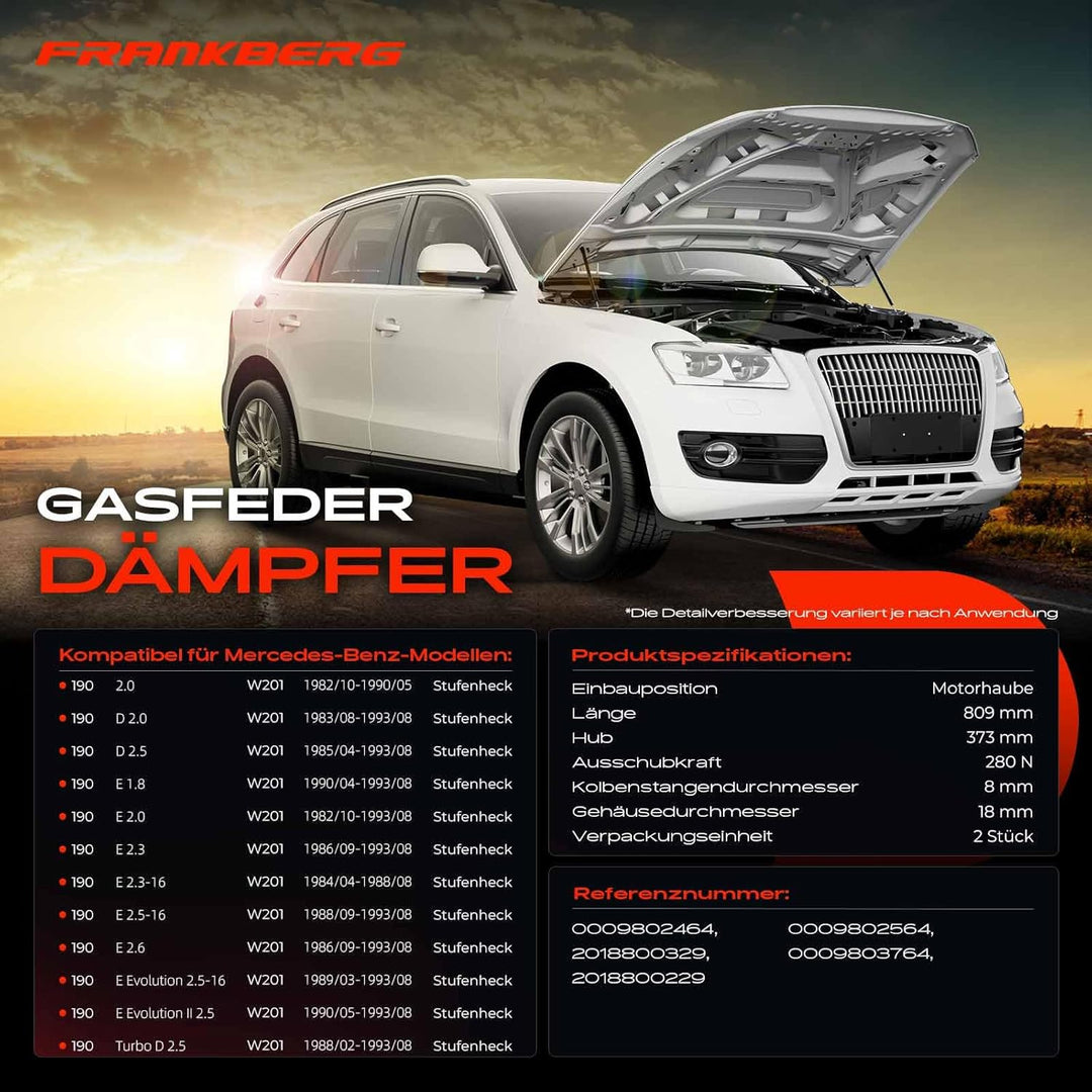 Frankberg 2x Gasfeder Dämpfer Motorhaube Kompatibel mit W201 190 Alle Motoren Limousine 1982-1993 Re