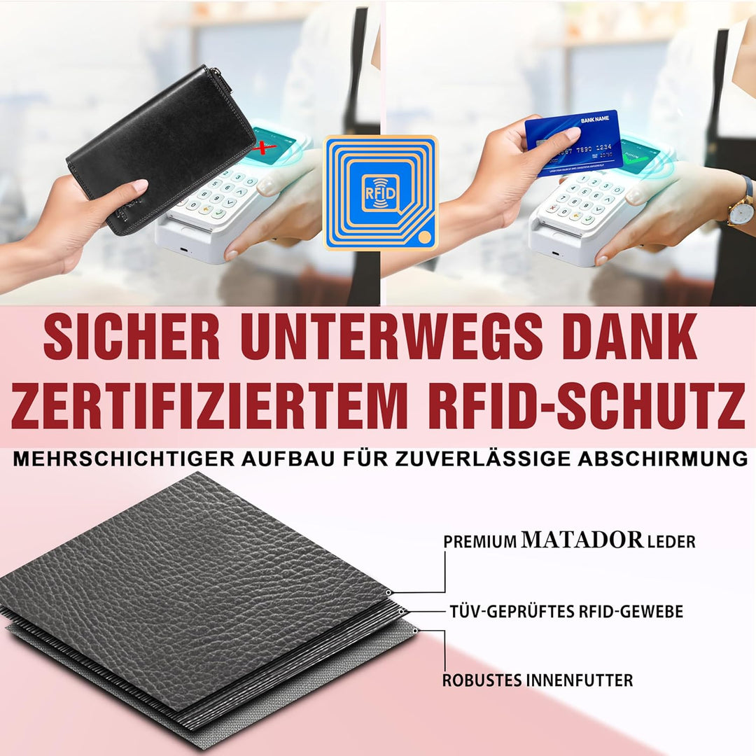 MATADOR Damen/Frauen Geldbörse TÜV Geprüfter RFID & NFC Schutz Portemonnaie Rinds Leder Geldtasche m