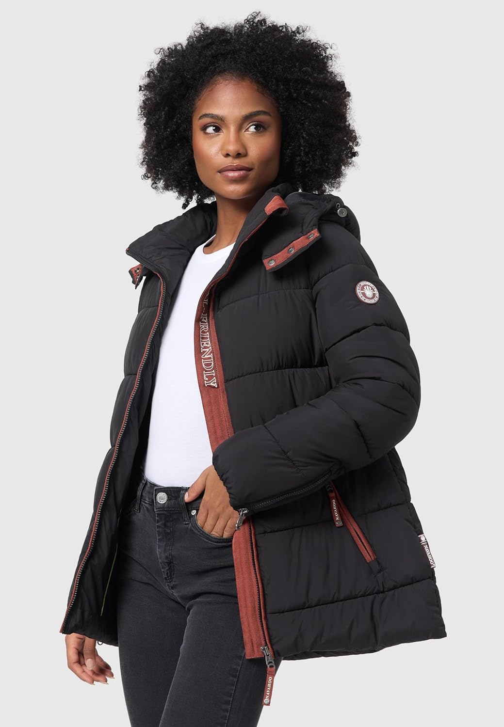 Navahoo Damen Kurze Winterjacke Steppjacke warm mit Abnehmbarer Kapuze aus recycelten Materialien Wa