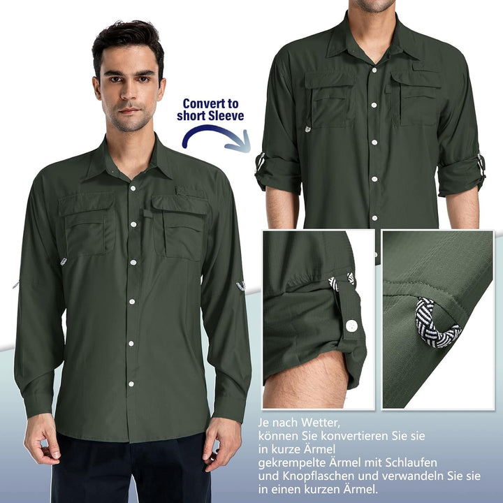 Outdoor Hemd Herren Langarm Safari Hemd UPF50 UV Schutz Funktionshemd Atmungsaktiv Button Down Hemd