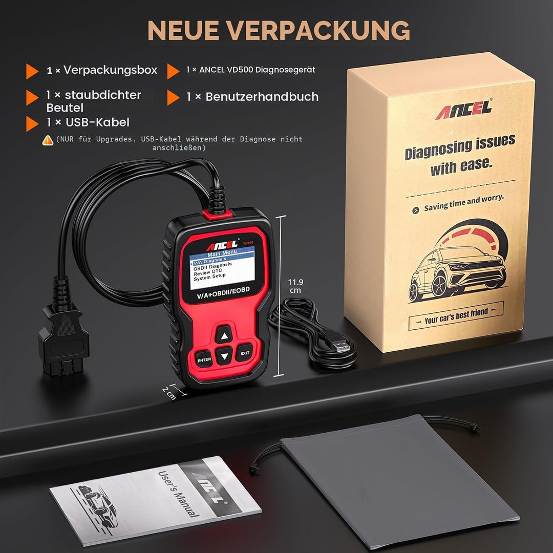 Ancel VD500 OBD2 Diagnosegerät Fehlercodes Auslesen und Löschen Motor EPB ABS SRS OBD Öl TPS Zurücks