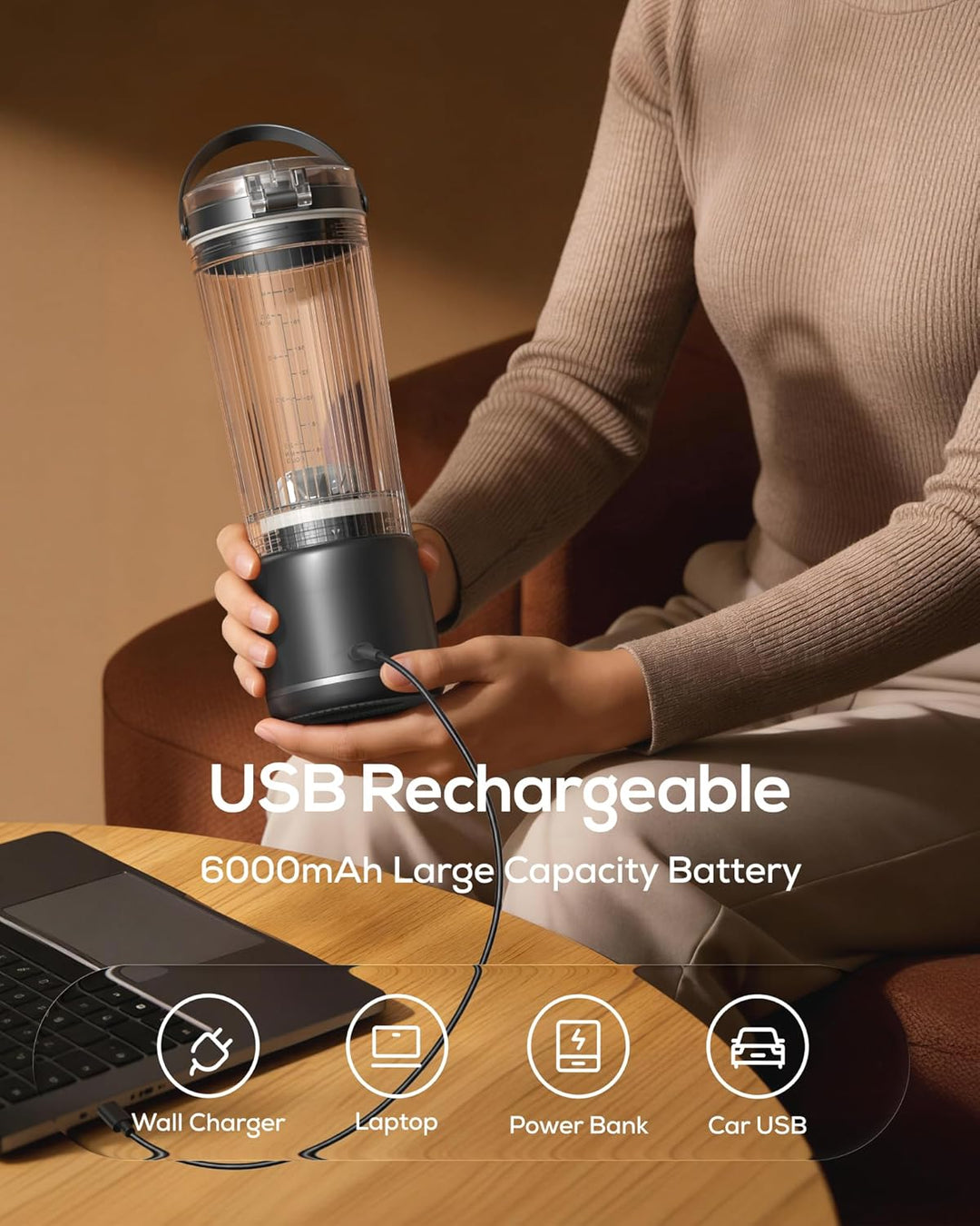 Sangcon Tragbarer Mixer 500ml, Smoothie Maker USB Wiederaufladbar, Mini Standmixer für Fitness, Büro