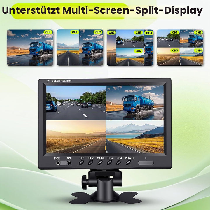 Podofo Vans RV Rückfahrkamera Set, 9 Zoll Monitor 4 Kameras, 4-Geteiltes Display 4-Kanal Video, IP68