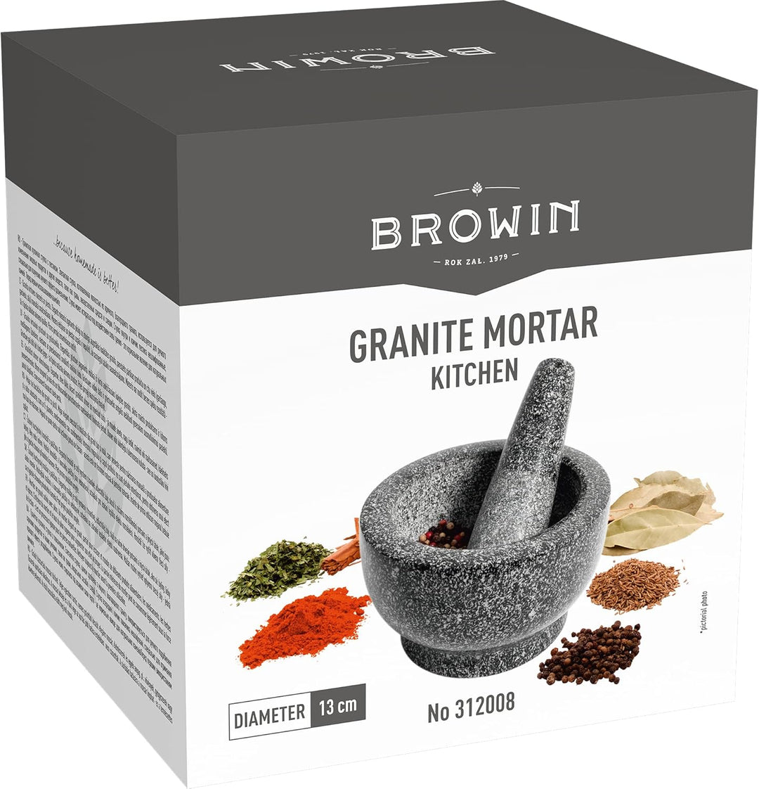 BROWIN® Küchenmörser mit Stössel aus Granit 312008 | Ø 13 cm | Zerkleinerer für Kerne, Gewürze, Nüss