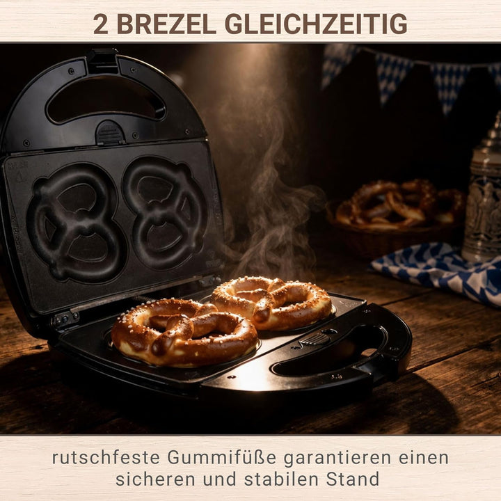 Syntrox Germany SM-1300W-Soft-Brezel Maker mit antihaftbeschichteten Wechselplatten für 2 grosse Bre