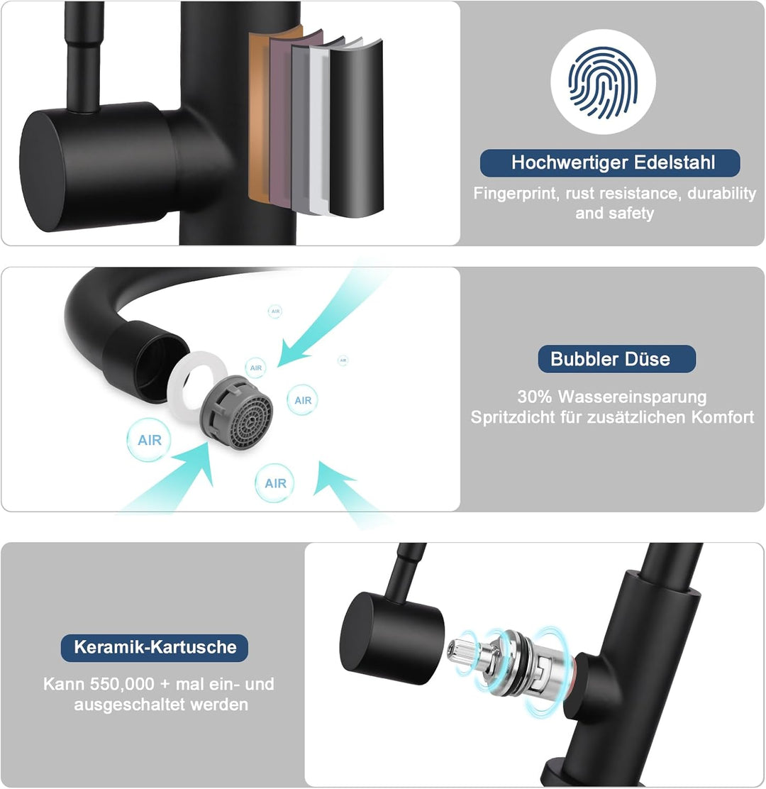 BONADE Wasserhahn Küche Schwarz, 360°Drehung Einhand Hochdruck Kaltwasserhahn Küche, küchenarmatur s
