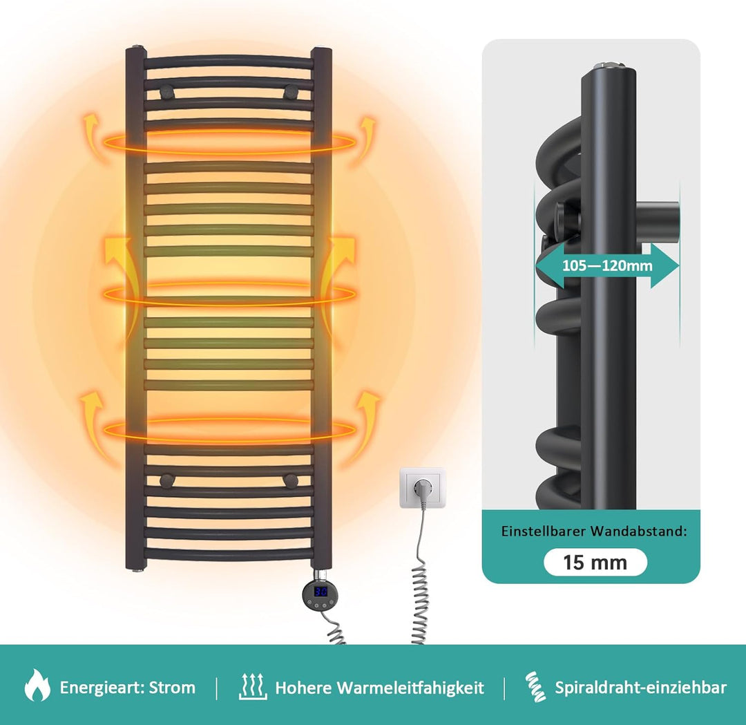 EMKE Badheizkörper Elektrisch 140x40 cm, Gebogen Handtuchheizkörper Elektrisch mit Thermostat, Handt