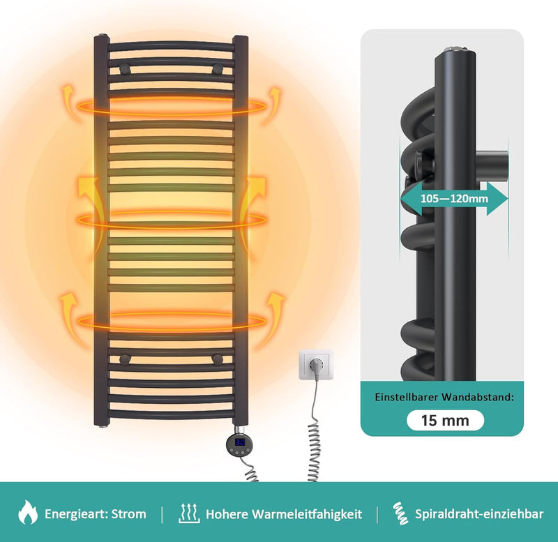 EMKE Handtuchheizkörper Elektrisch 1200x400 mm, Gebogen Badheizkörper Handtuchhalter Seitenanschluss