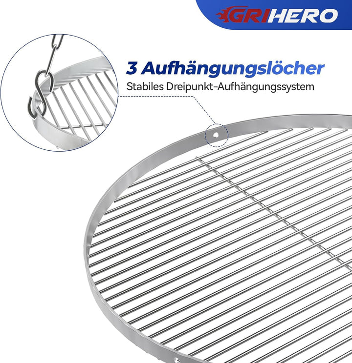 GriHero Grillrost Edelstahl Rund für Schwenkgrill, Ø 60 cm Grillgitter mit 3 Aufhängungsbohrungen fü