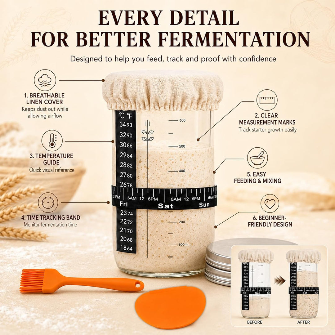 Sauerteig Starter Set mit Gärkörbchen, Komplettset Brot Backen Zubehör | 23 cm Rund &amp; 25 cm Oval Gär