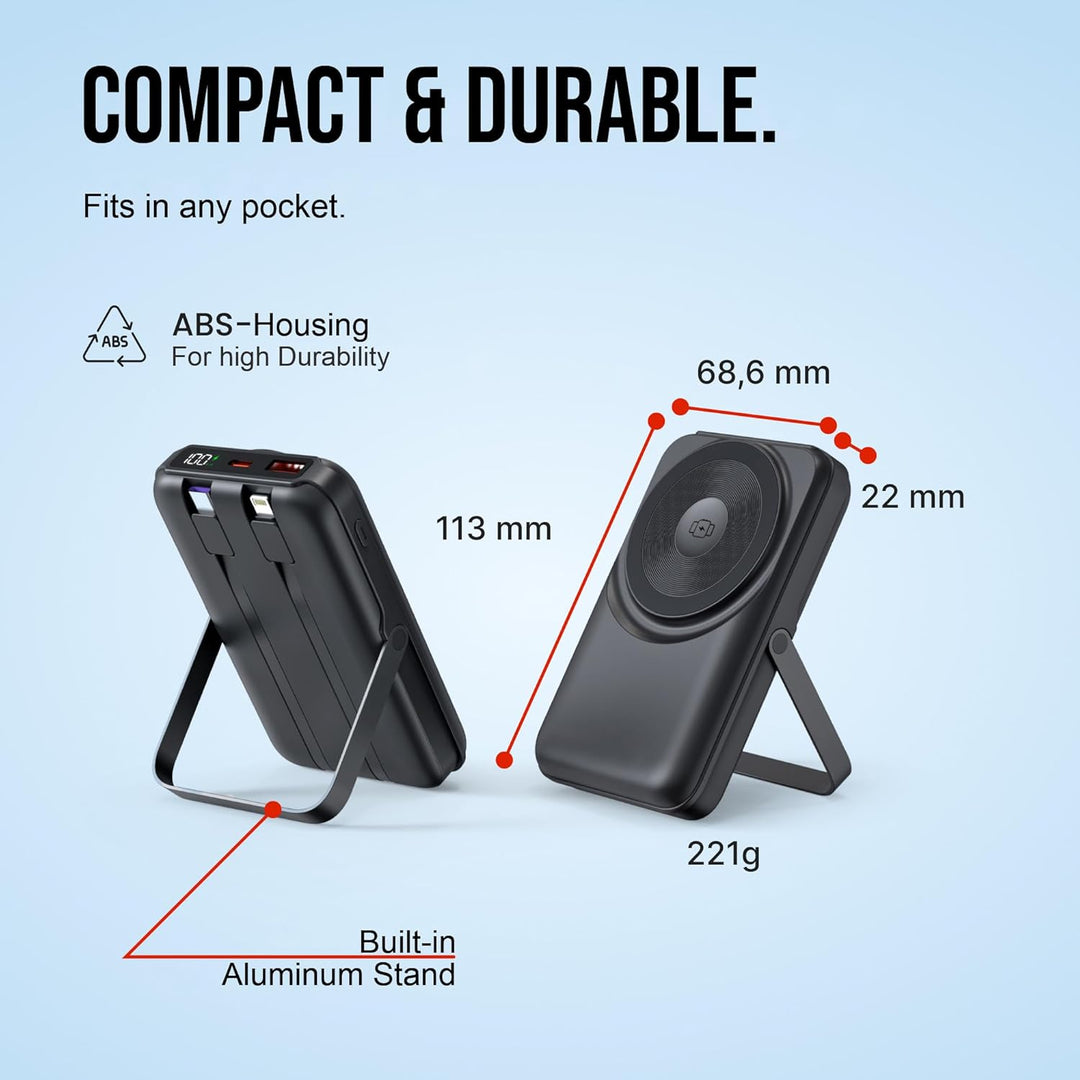 Powerbank 10.000 mAh USB-C Schwarz – Magnetische Wireless Powerbank (20 W), 2,5 W Watch Charger, 22,