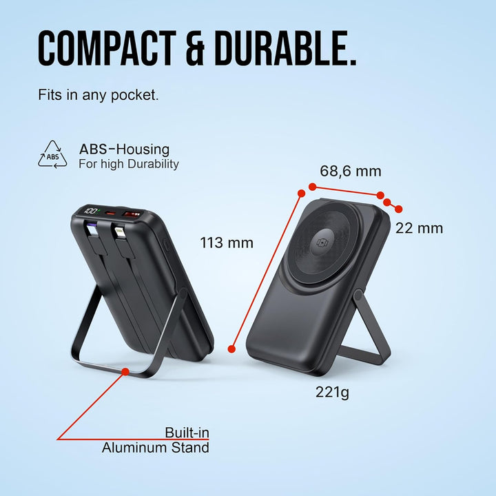 Powerbank 10.000 mAh USB-C Schwarz – Magnetische Wireless Powerbank (20 W), 2,5 W Watch Charger, 22,