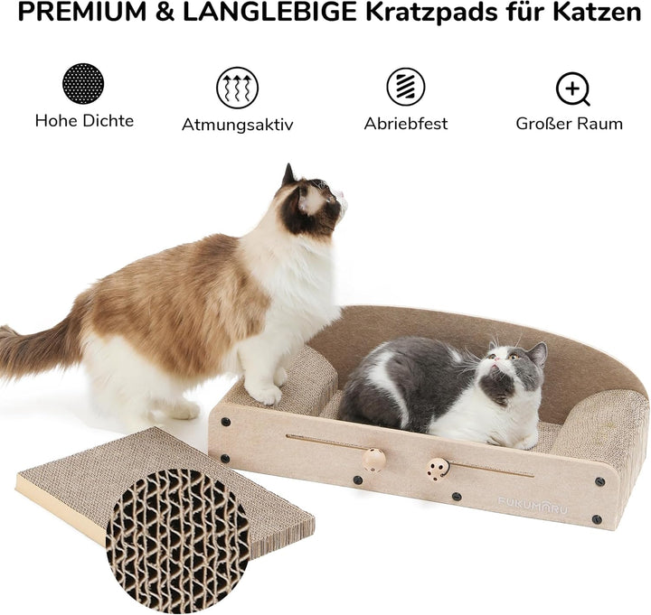 FUKUMARU Kratzbrett Katzen, 66CM langlebiges Kratzpappe und Filz, grosse Liege, 2 wendbare Katzenkra