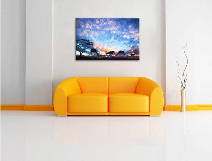 Pixxprint Tiere in der freien Natur am Abend Kunst Pinsel Effekt, Format: 100x70 auf Leinwand, XXL r