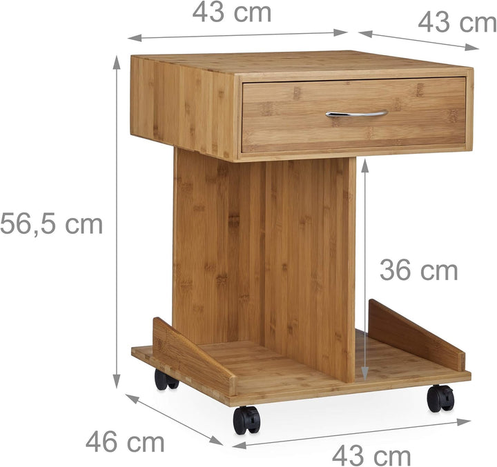 Relaxdays Beistelltisch mit Rollen ROLLI Bambus, Schublade, 2 Ablagen für Bücher, HxBxT: ca. 56,5 x