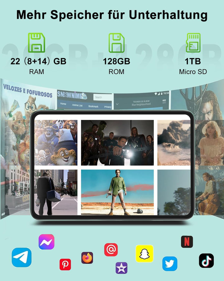 2026 Tablet 10 Zoll, Android 15, Octa-Core, 22 GB RAM + 128 GB ROM (2 TB TF) | WiFi 5G + 2,4G | GPS
