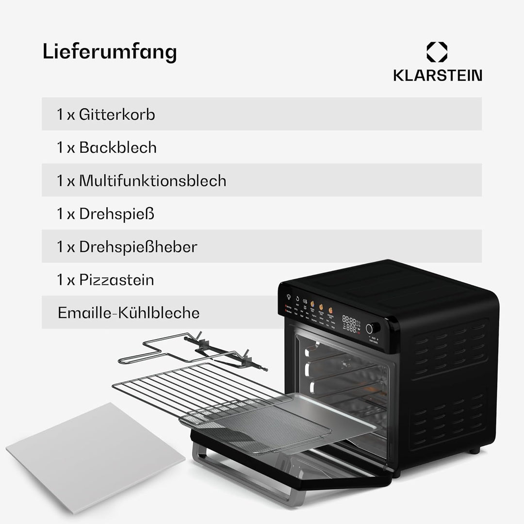 Klarstein AirGlaze Digital Heissluftfritteuse – 34 L, 2200 W, 19 Programme, Rotisserie, Touch Displa