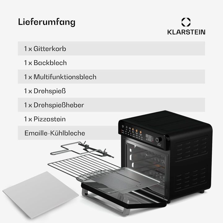 Klarstein AirGlaze Digital Heissluftfritteuse – 34 L, 2200 W, 19 Programme, Rotisserie, Touch Displa