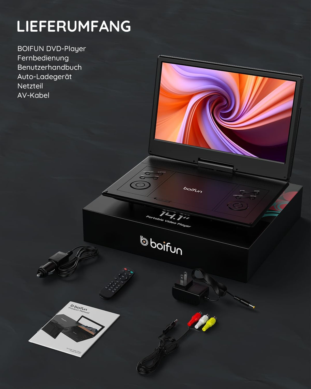 Boifun 15,7 Zoll tragbarer DVD-Player mit 14,1 Zoll HD-Bildschirm, 6 Stunden Akkulaufzeit, unterstüt