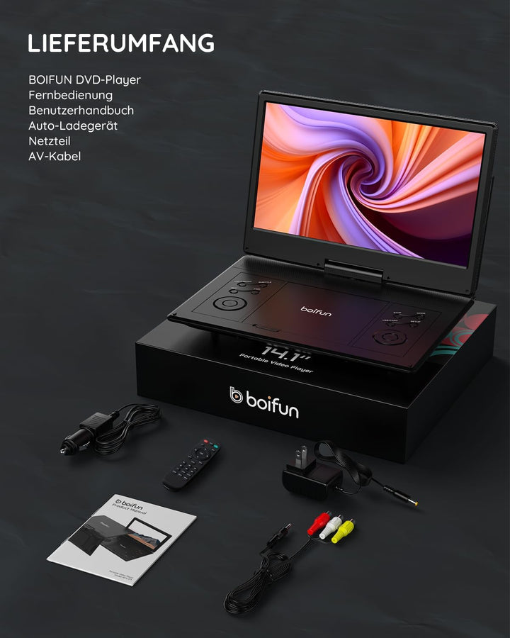 Boifun 15,7 Zoll tragbarer DVD-Player mit 14,1 Zoll HD-Bildschirm, 6 Stunden Akkulaufzeit, unterstüt